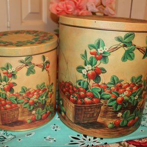2 Vintage Round Strawberries Enamel Tins, from by Bi Star 1992 made in taiwan